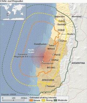 Vom Erdbeben am 27. Februar betroffene Gebiete.